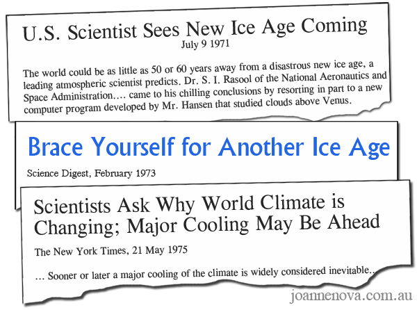 Headlines of the coming ice age from the 1970s