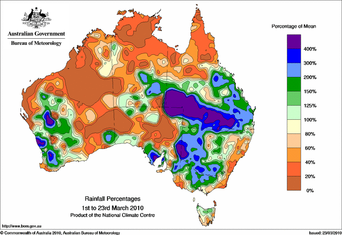 Map Graph: percentage rainfall Australia March 2010