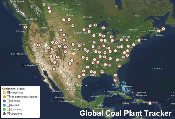 New and Current coal fired power plants, USA, Canada, Map.