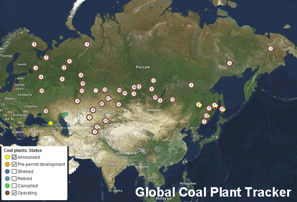 New and Current coal fired power plants, Eurasia, Russia, Map.