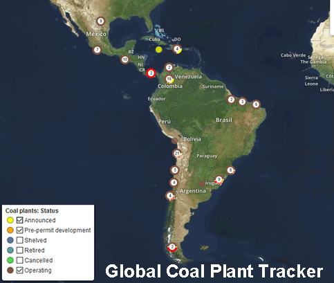 New and Current coal fired power plants, Latin America, Map.