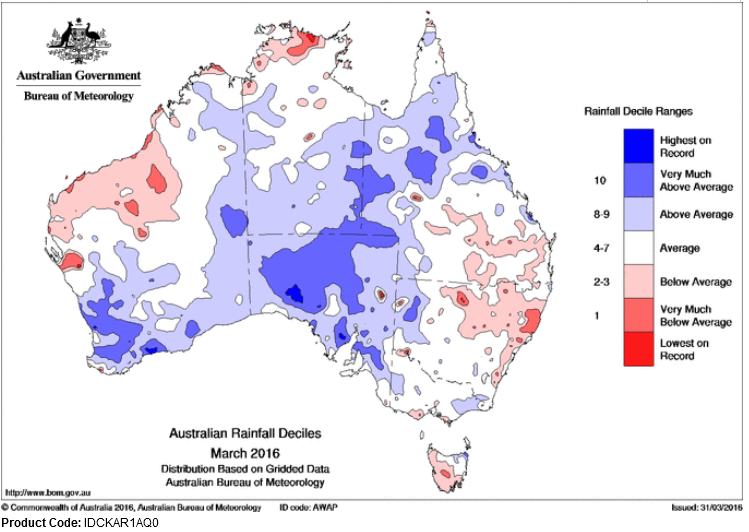 rainfall, Australia, March, 2016, deciles, anomaly.