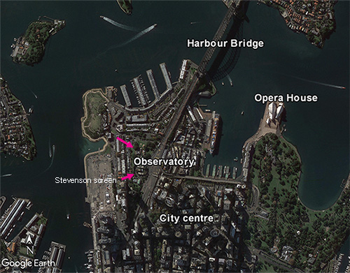 Sydney Observatory, Stevenson Screen, location, Sydney Harbor Bridge, Opera House, satellite image. 