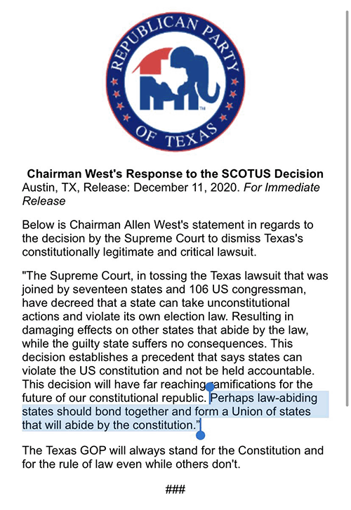 Texas GOP replies, SCOTUS Case, US2020 Election. 